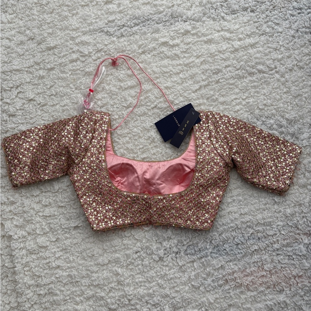 Blush Pink Floral Lehenga with Gold Embellished Blouse - Picture 5 of 16